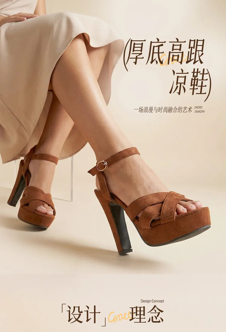 2026 New Block High Heels Sandals Women Peep Toe Ankle Strap Buckle Wedding Party Dress Office Platform Sandals