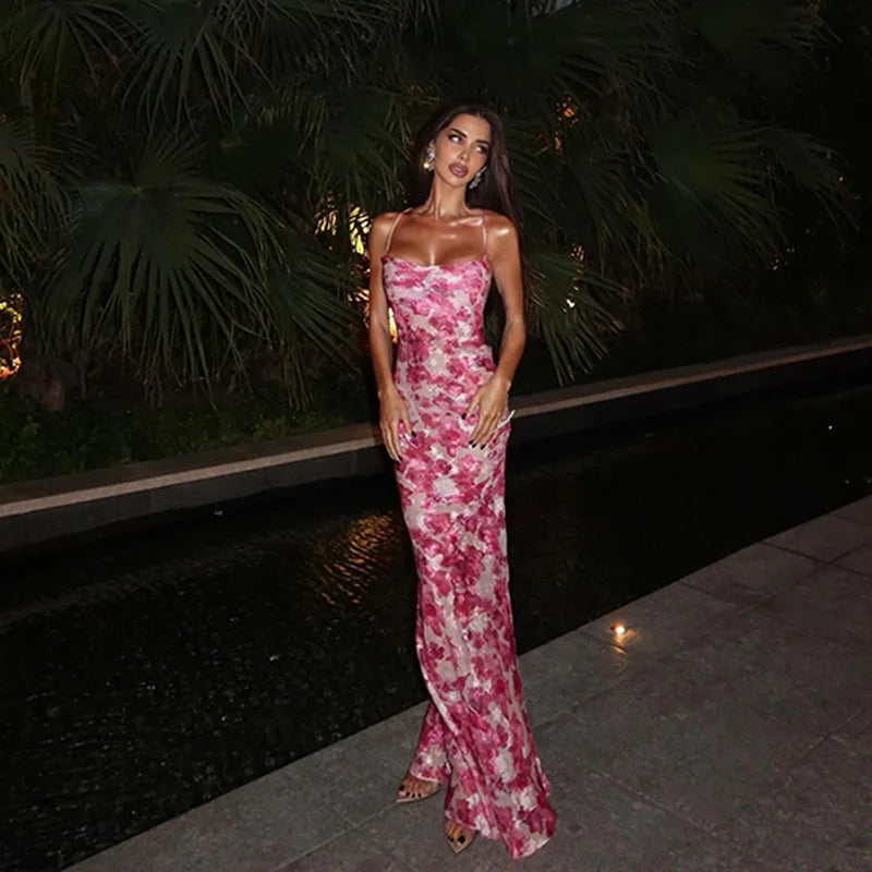 Ahagaga Fashion Women's Maxi Dresses 2026 Summer New Sexy Backless Print Dress Strap Sleeveless Party Beach Bodycon Elegant Cute