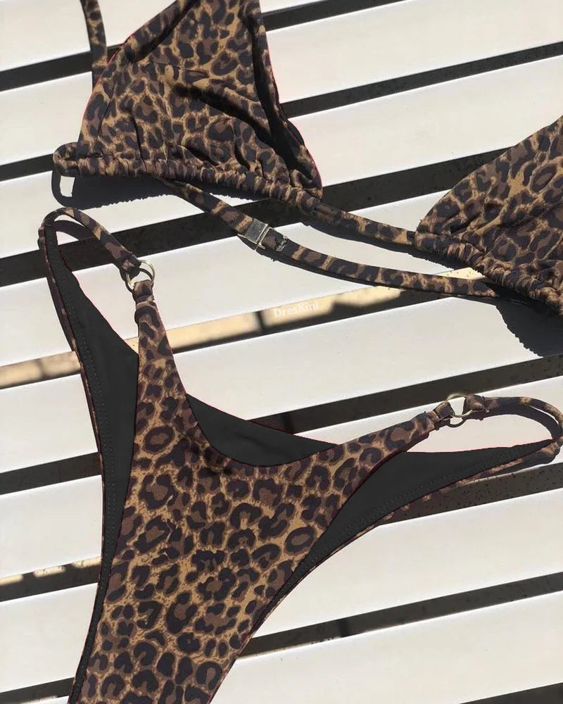 2024 Micro Leopard Bikini Women High Cut  Bandage Push Up Swimsuit Sexy Bathing Suit Padded Thong Swimwear,summer Beach Vacation