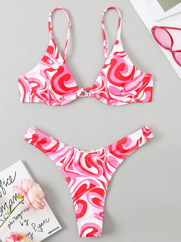 High Cut V-bar Underwired Bikini Women Swimsuit Female Micro Thong Swimwear Two-pieces Bikini Set Push Up Bathing Suit Swim Lady
