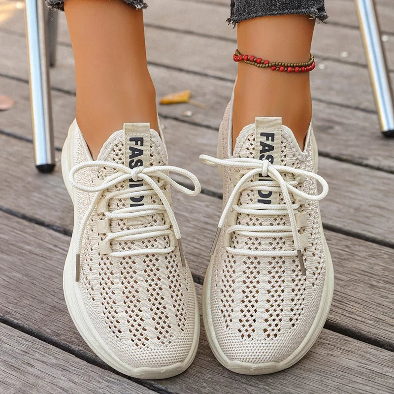 Spring Summer Breathable Mesh Sport Shoes Women Slip On Hollow Out Knitted Flats Shoes Woman Plus Size 43 Thick Sole Sneakers