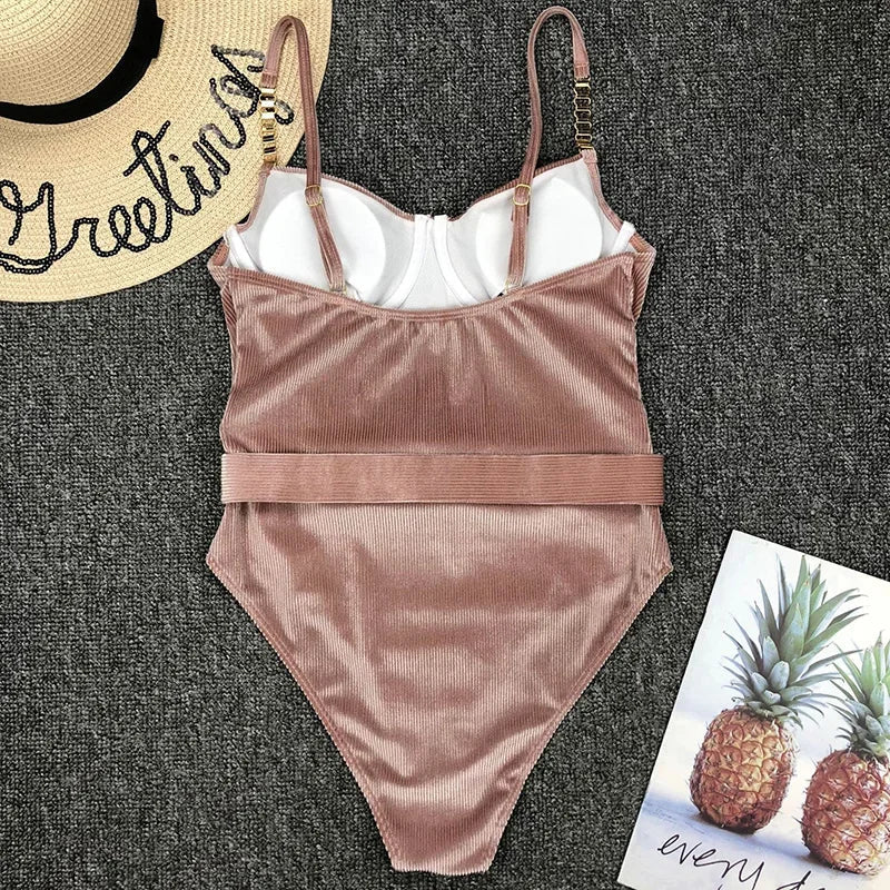 Ribbed Push up Underwired Metal Chain Women Swimwear One Piece Swimsuit Female Waist Belt Monokini Bather Bathing Suit Swim Lady