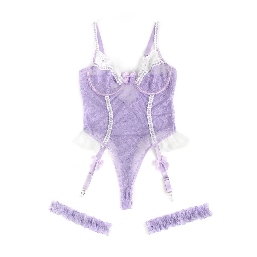 Sexy Lace Teddy Bodysuit for Women with Garter Belt Push Up Sheer Mesh Lingerie Set Underwear as Outerwear Daily Romantic Outfit