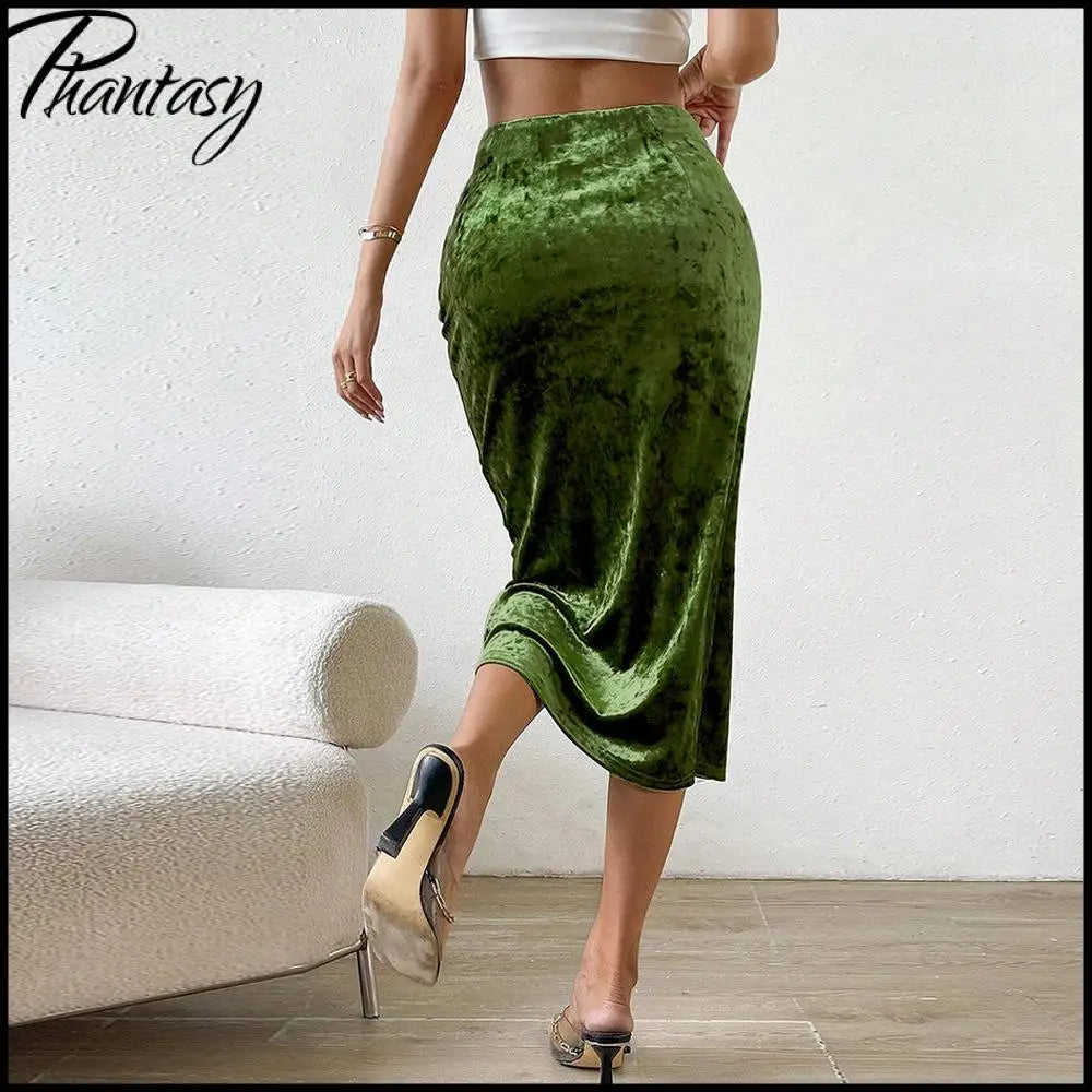 Elegant Split Velvet Skirt Commute Green A-line Mid-Calf Skirt for Lady Women's Autumn Winter Outfit Night Out Streetwear