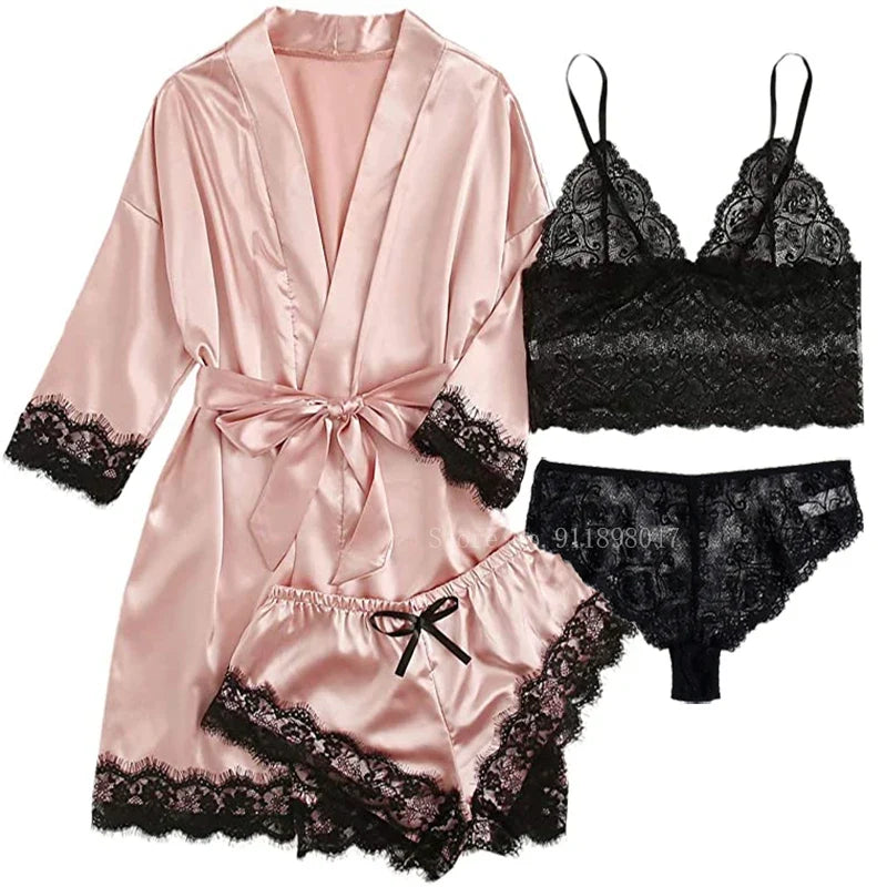 Sexy Women Home Dressing Gown Lingerie Lace Patchwork Satin Robe Set Nightwear Casual Sleepwear Kimono Bathrobe Home Nightdress