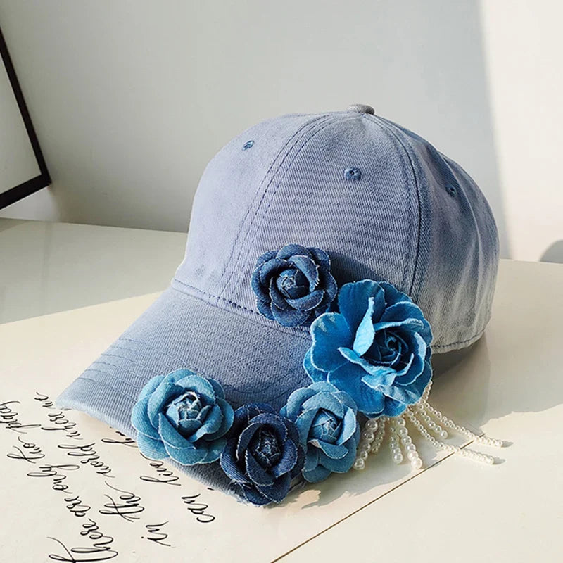 Women 3D Flower Sun Hat Breathable Sun Protection Denim Baseball Hat Holiday Outdoor Travel Cap