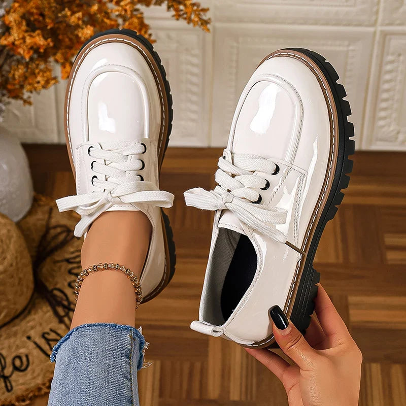 Ladies Office Oxford Shoes Fashion Lace Up Round Toe Platform Shoes Women British Style Patent Leather Student Shoes Woman 43