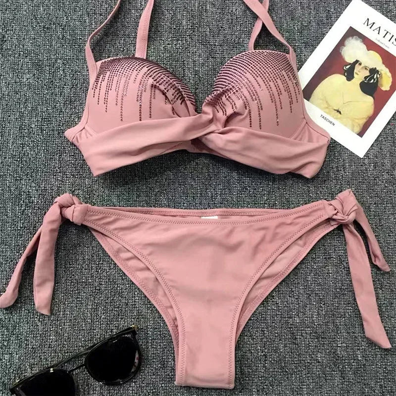 Shiny Sequins Diamond Bikinis Push Up Bikini Women Swimwear Female Swimsuit Two Pieces Bikini Set Bra Cup Bathing Suit Swim Lady