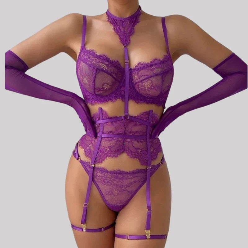 Toucheart Sexy Lingerie Suit for Women Lace Patchwork Halter Bra Set Solid Color Sexy Mesh See-through Garters Underwear Set New