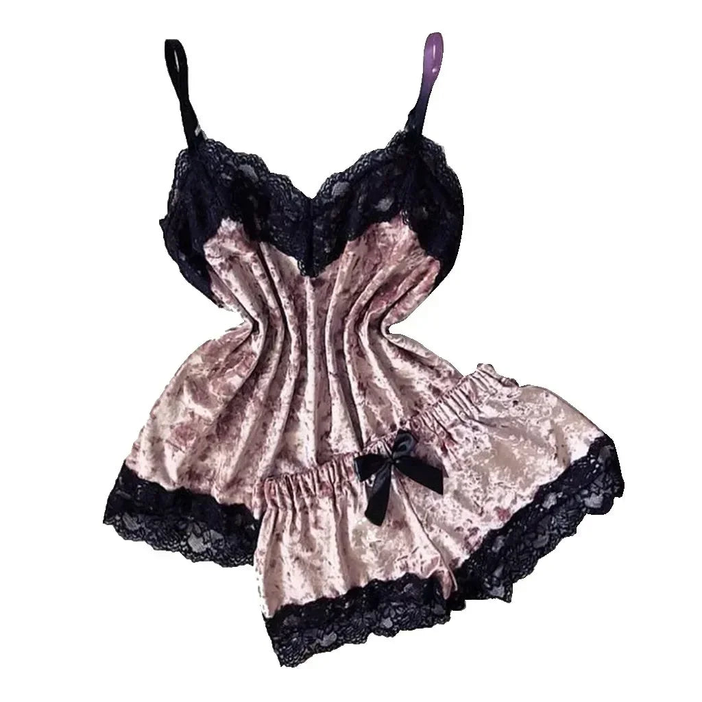 Summer Lace Sleepwear Sexy Satin Pajamas Set Women Nightshirt 2 Pieces Crop Tops and Shorts Set Homewear Loungewear