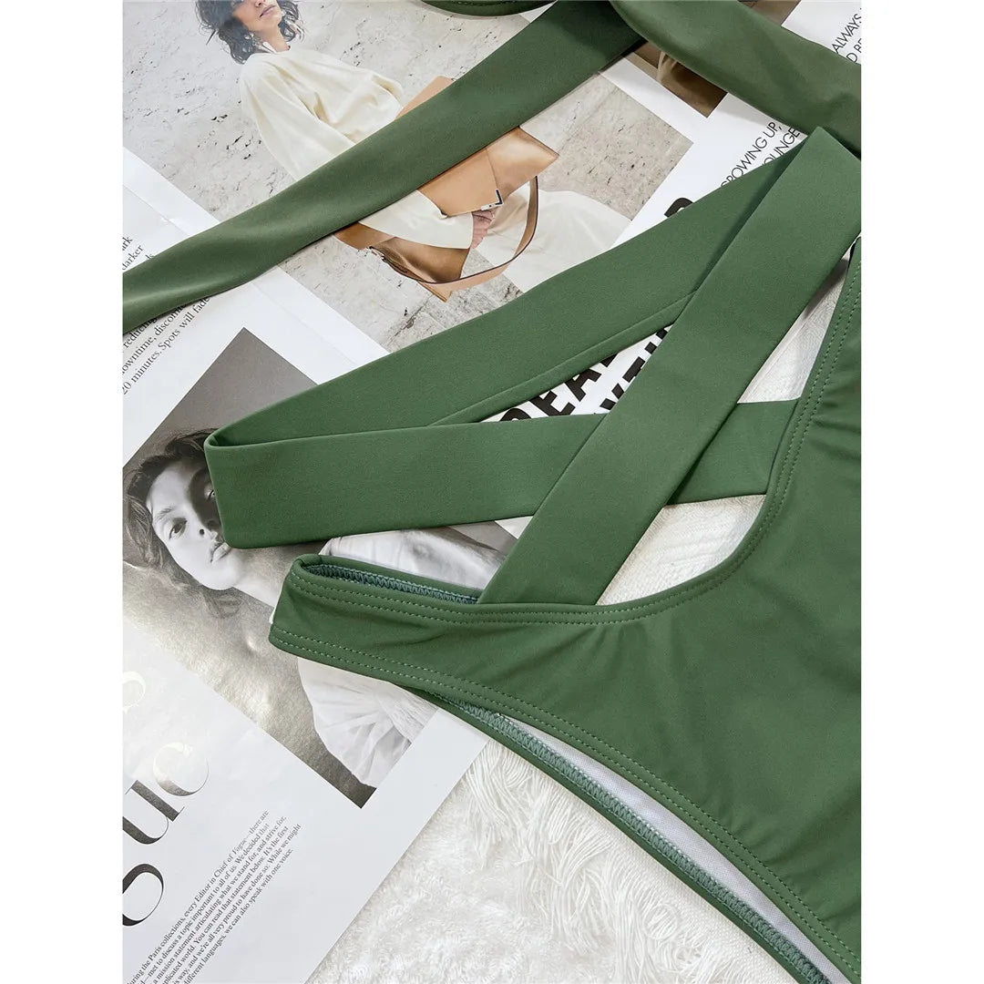 Sexy Wrap Around High Waist Bikini Female Swimsuit Women Swimwear Two-pieces Bikini Set Bandage Bather Bathing Suit Swim V3115