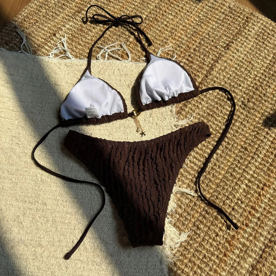 Wrinkled Halter Bikini Women Swimwear Female Swimsuit Two-Pieces Bikini Set Brazilian High Cut Bather Bathing Suit Swim V6209