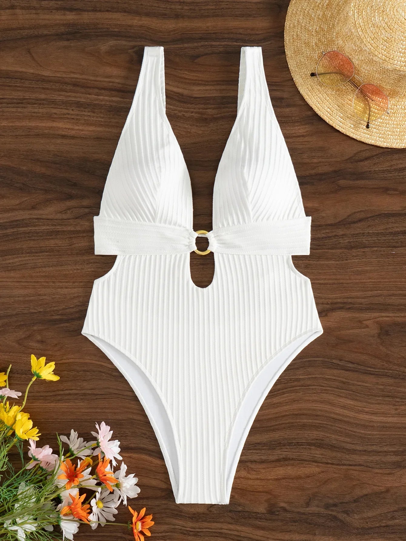 Striped Deep V Neck Cut Out Female Swimwear One Piece Swimsuit Women High Leg Cut Monokini Backless Bathing Suit Swim Bodysuit