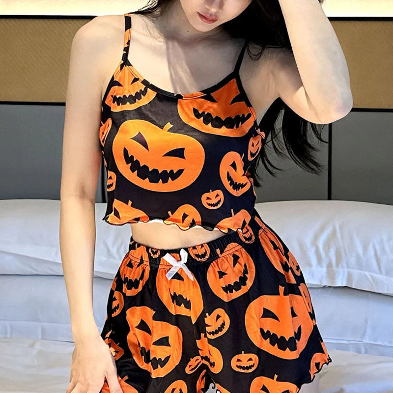 Sexy Halloween Pajamas Pumpkin Print Pajama Sets Suspender 2-piece Sleepwear Set Women's Pajamas European and American Home Wear