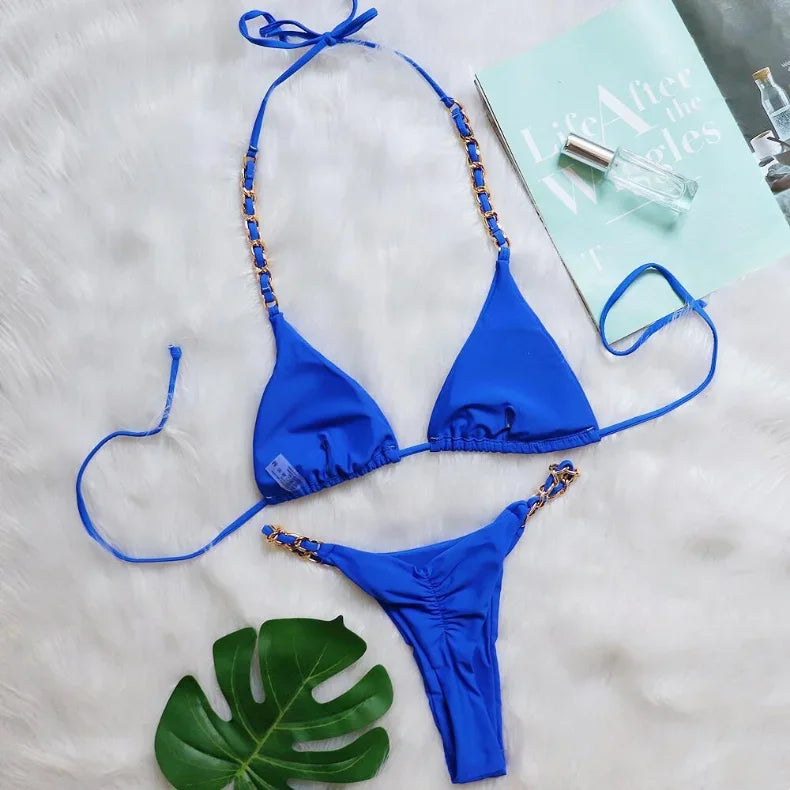 5 Colors Sexy Bikini Women Solid Swimwear Swimsuit Metal Chain Weave Straps Bikinis Set Bathing Suit Beach Bikini Female Thong