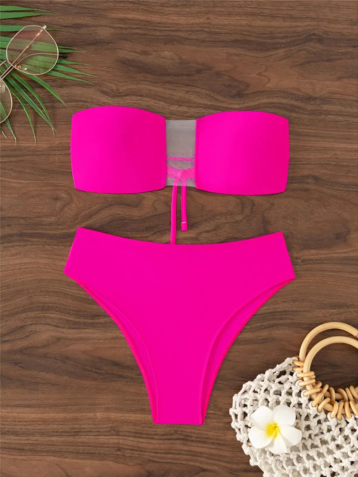 Sexy Bandeau Sheer Female Swimsuit High Waist Bikini Women Swimwear Two-pieces Bikini set Padded Bather Bathing Suit Swim K7063