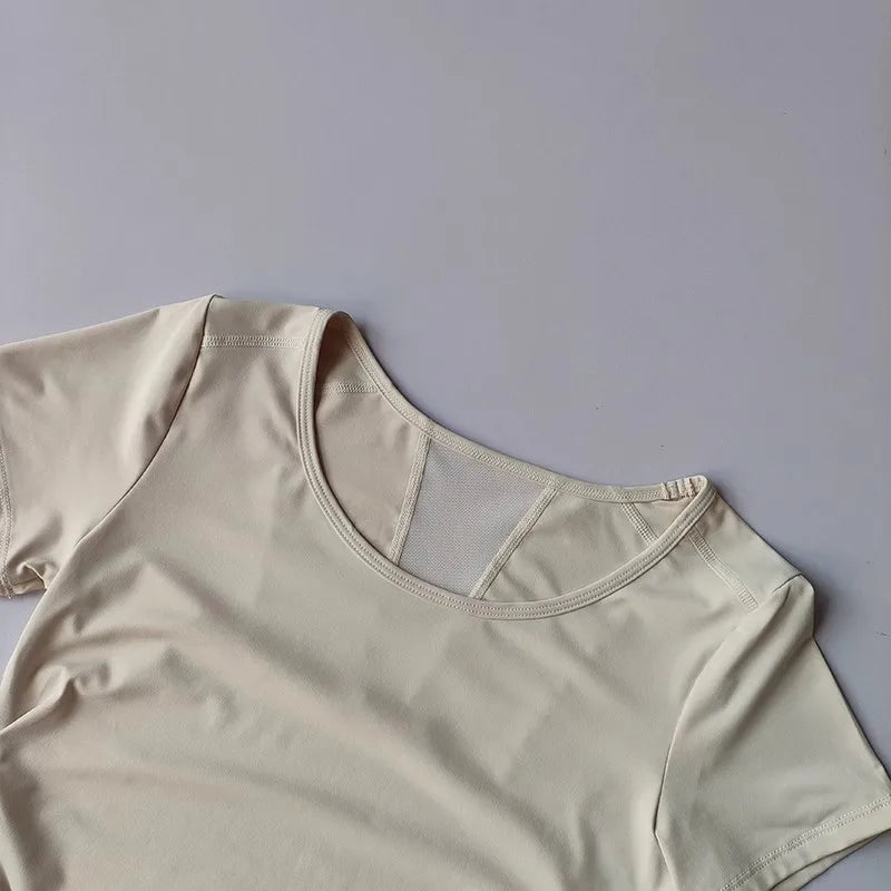 Women's Summer Yoga Sports Top Short Sleeve Pleated Waist Cinching Mesh Spliced Breathable Fitness T-Shirt