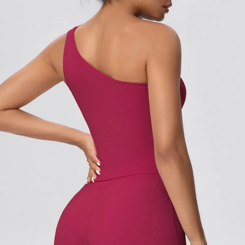 Women Seamless Cloud Feel One-Shoulder Waist-Cinching Yoga Vest Quick-Dry Slimming Sports Shaping Underwear Running Fitness Top