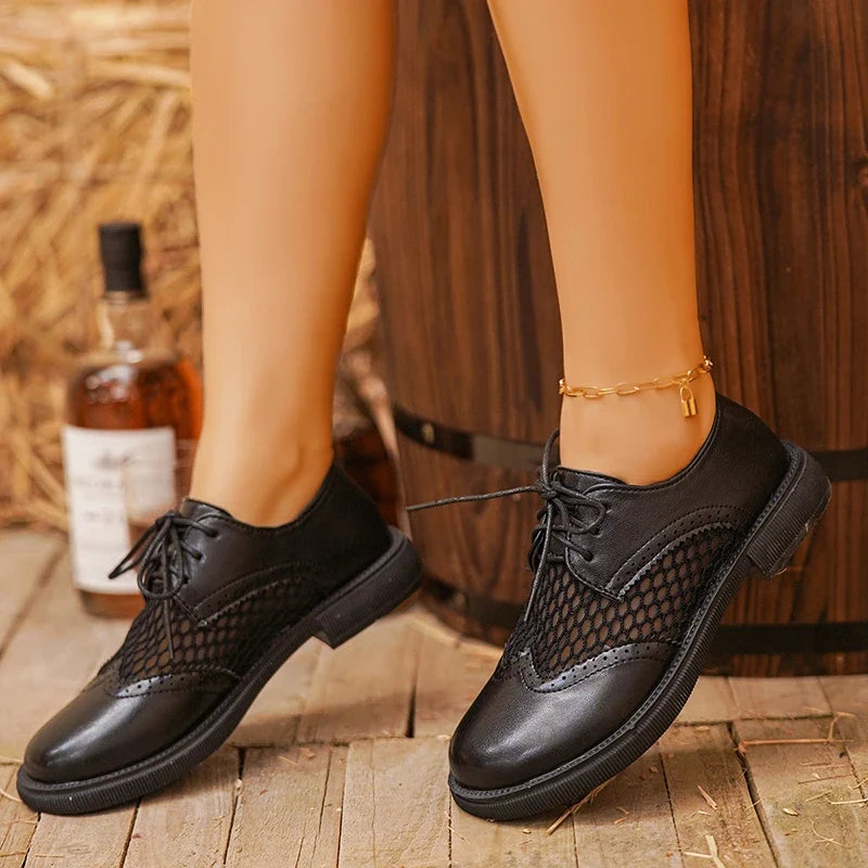 Fashion Woven Low Heel Pu Leather Shoes Women British Style Round Toe Lace Up Oxford Shoes Woman Plus Size 42 Breathable Flats