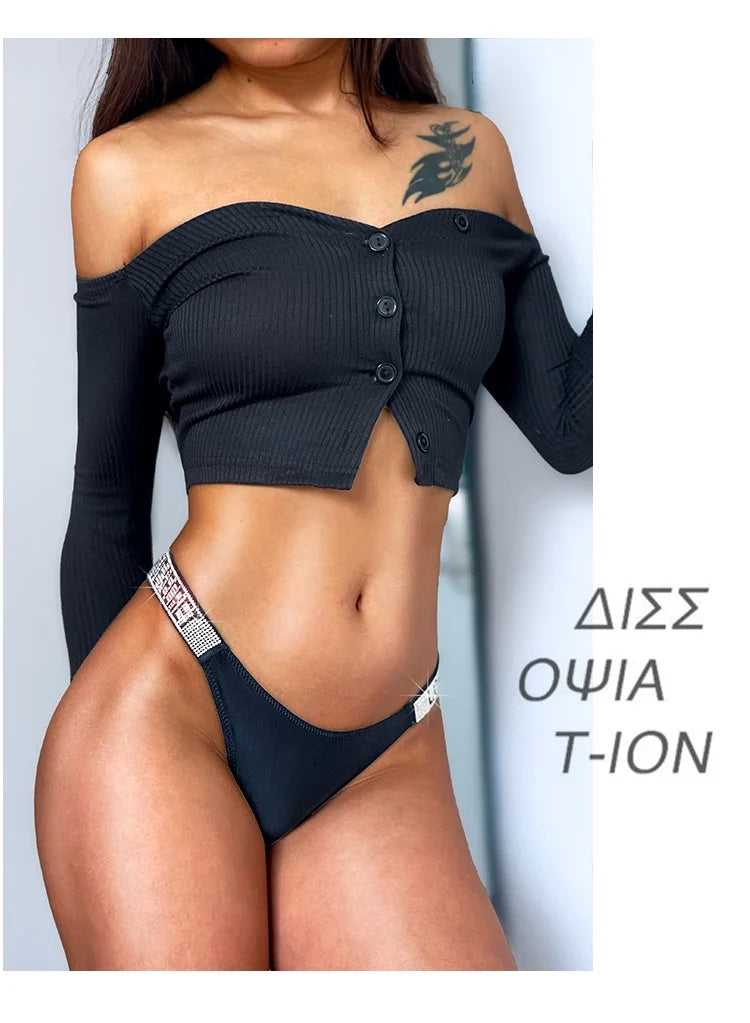 Low Waist Sexy Women Thongs Panties Rhinestones letter Diamonds G String Sports Thong Shorts Briefs T-back Fitness Size S-XL