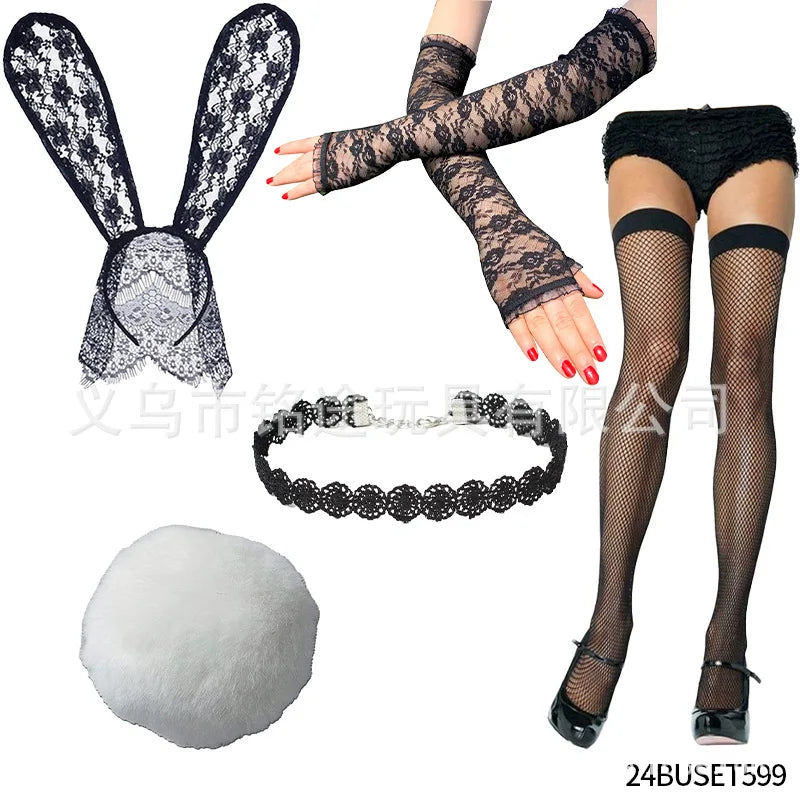 Easter Bunny Girl Cosplay 3-Piece Prop Set - Satin Headband Fluffy Rabbit Tail for Halloween Christmas