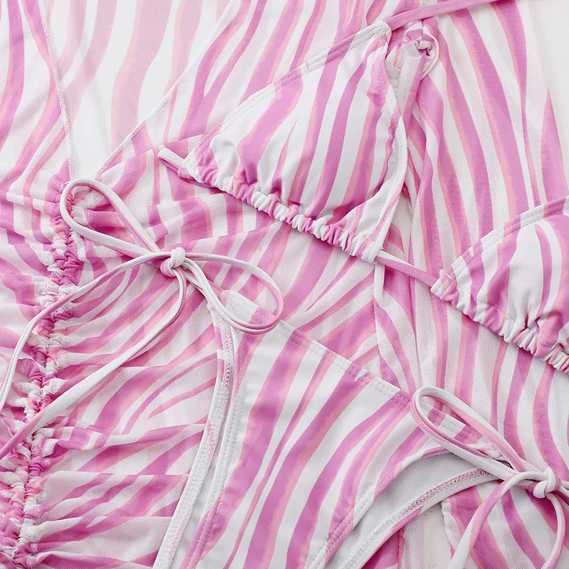 DEKA Sold Triangle Bikini Set Blouse Swimsuit Women Printed Halter Swimwear Cover Up Beach Wear 3 Pieces Sheer Bathing Suit