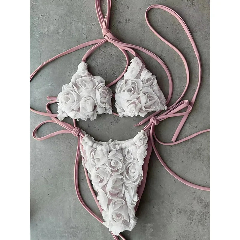 2025 New Sexy Micro Low Waist Bikini Sets Solid Swimwear Women Swimsuit Strappy Brazilian Floral Beachwear Bathing Suit biquini