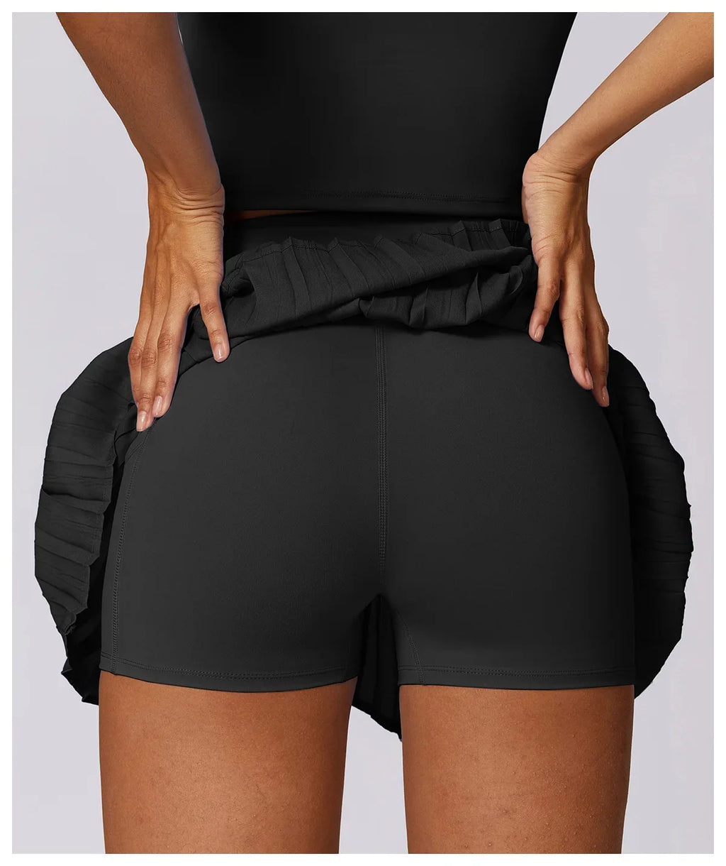 Sports Tennis Short Skirt Women's Summer Pleated Fake Two-piece Quick Drying Skort Fitness High Waist Pocket Yoga Running Skirts
