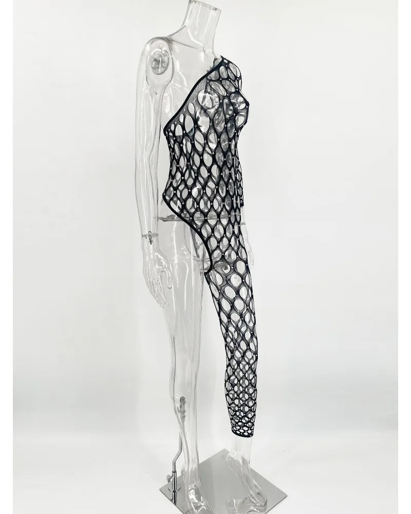Toucheart Sexy Lingerie Women's Jumpsuit Shiny Diamond Fishing Net One-sleeved Leg Jumpsuit Sexy Hollow Out See-through Jumpsuit