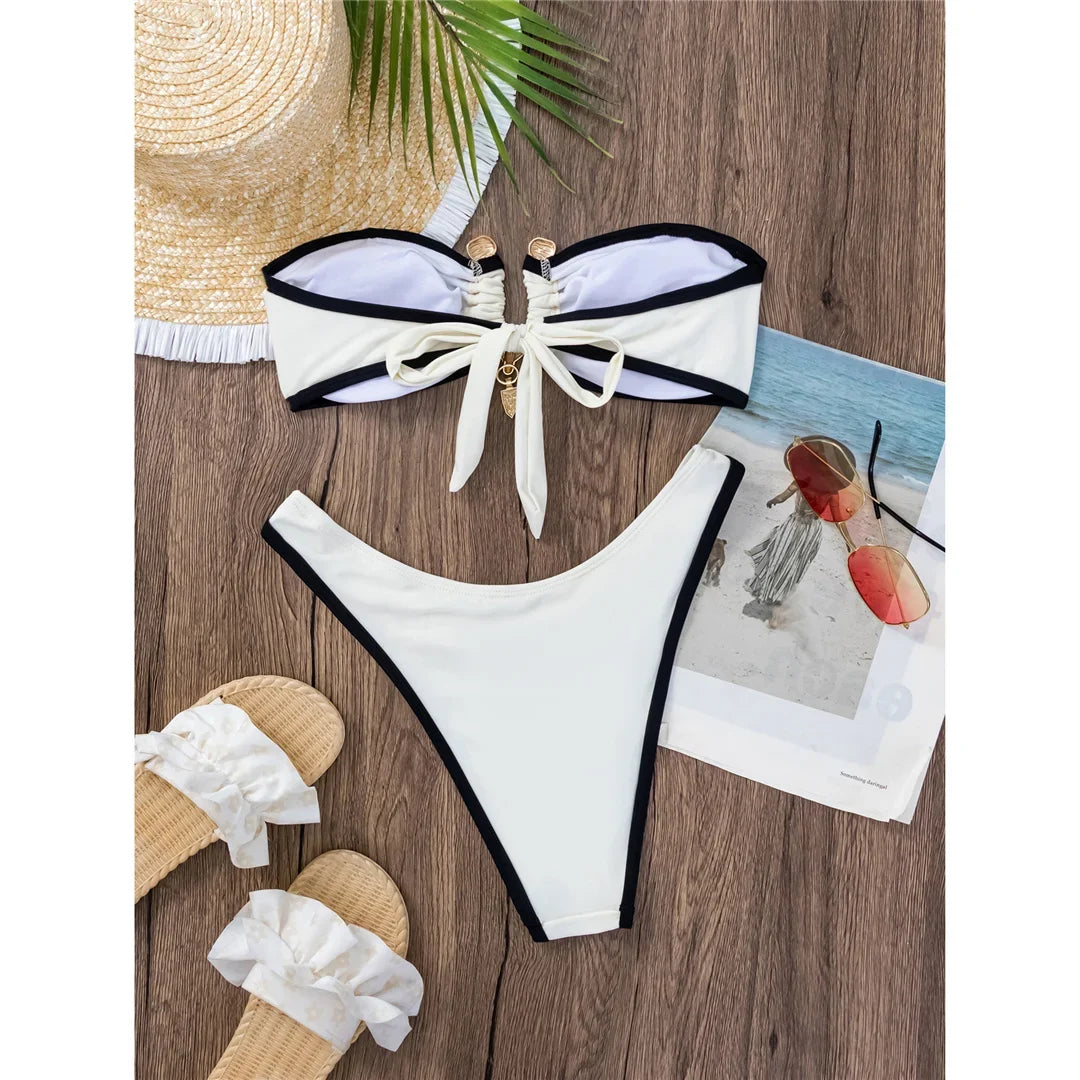 Bandeau Splicing Metal Ring Brazilian Bikini Women Swimwear Female Swimsuit Two-Pieces Bikini Set Bather Bathing Suit Swim V5651