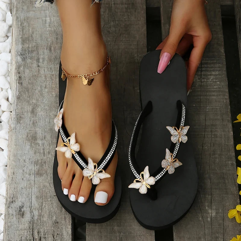 Luxury Crystal Butterfly Wedge Heel Flip Flops Women Fashion Clip Toe Thick Bottom Slippers Woman Summer Beach Non Slip Slides