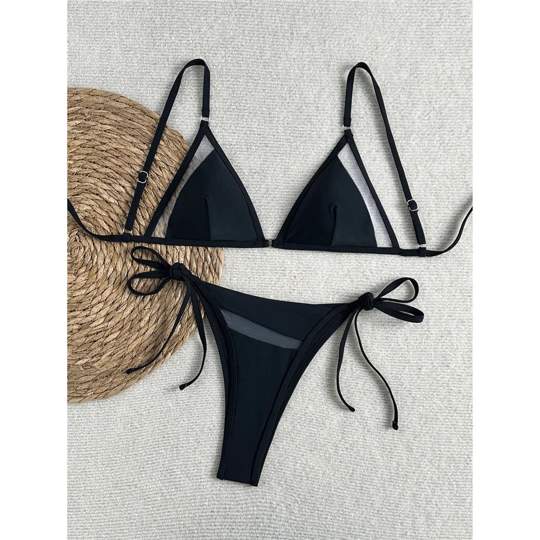 Sexy Mesh Sheer Bikini Female Swimsuit Women Swimwear High Leg Cut Strappy Bather Bathing Suit Swim Two-pieces Bikini set K8070
