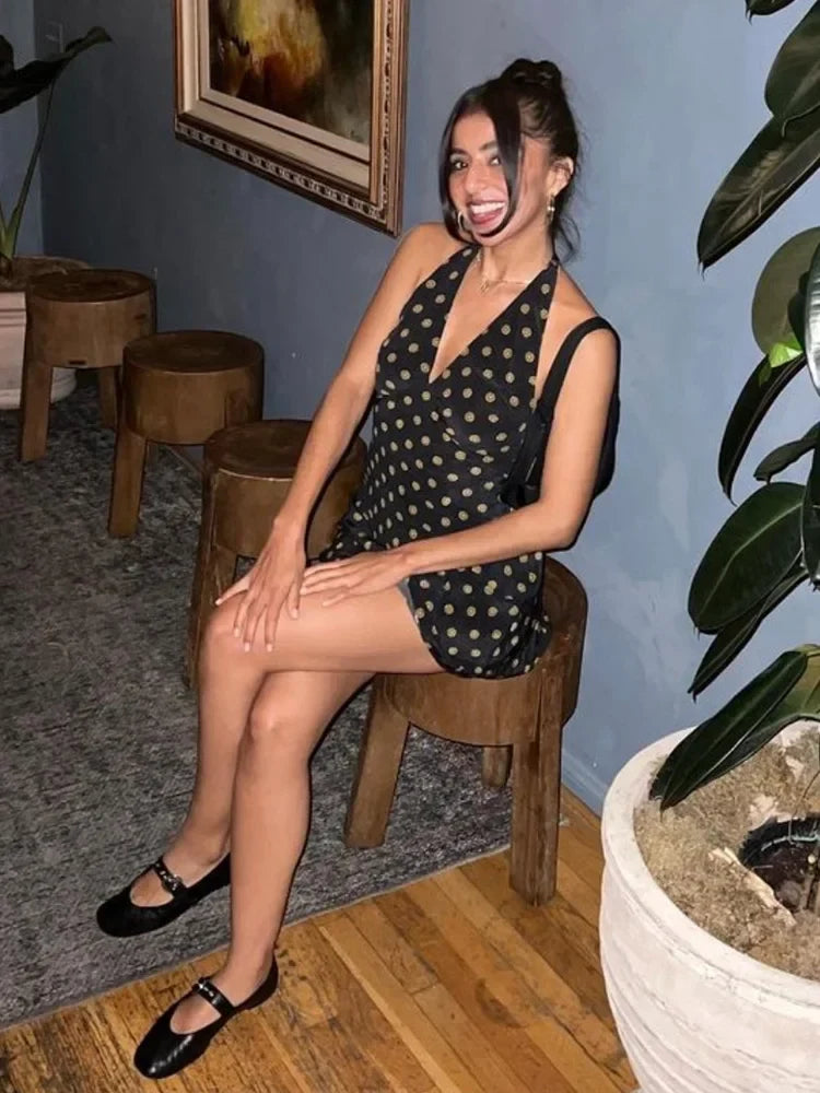 V Neck French Style Summer Women Dress Printed Boho Short Black Beach Dress Party Vintage Backless Tie Up Sexy Halter Dress 2025
