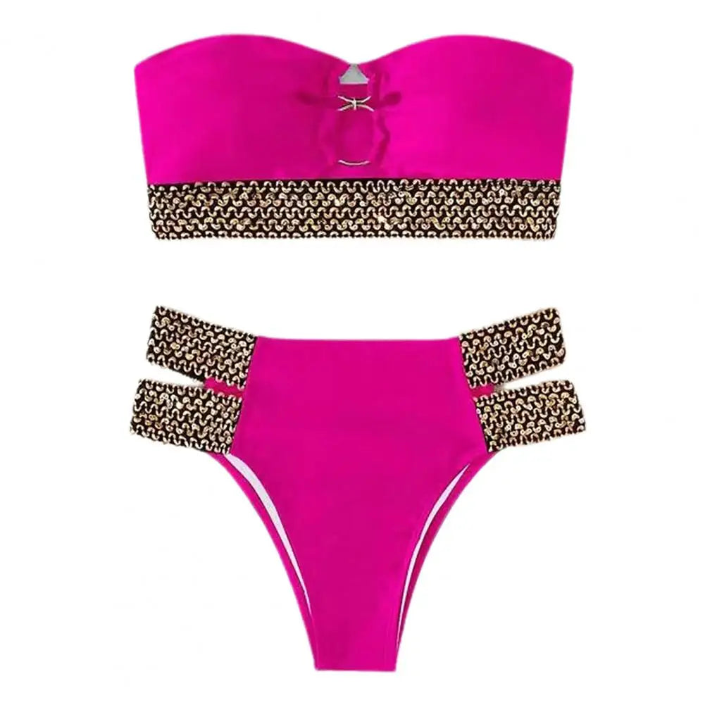 2Pcs/Set Women Bikini Set Ring Connection Off Shoulder Bathing Suit Elastic Waistband Backless High Cut Lady Beach Bikini Suit