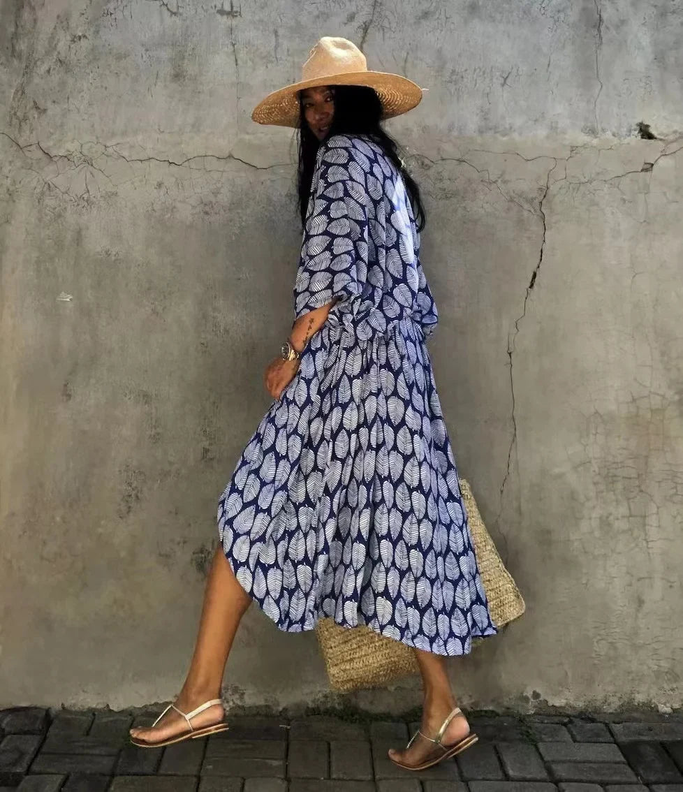 2024 New Summer Sexy Beach Kimono Swimwear Cotton Cover Up Swimsuit Women Print Bikini Cover Up Beachwear Dress Robe