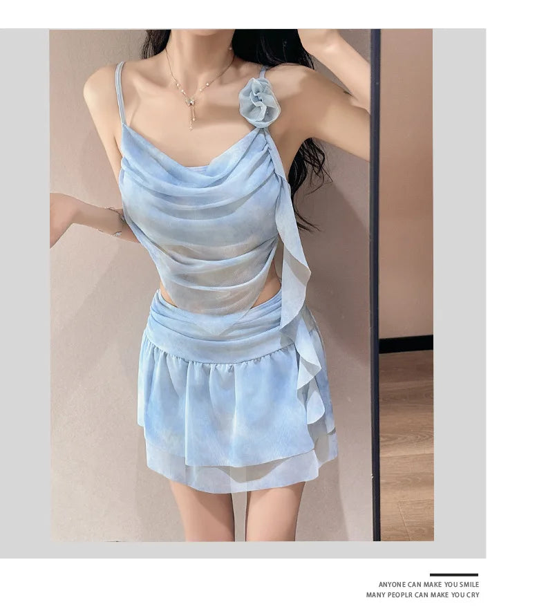 Swimsuit Women's Two-piece Fairy Style Sexy Hot Spring Skirt Style Three-dimensional Flower Ribbon Swimsuit