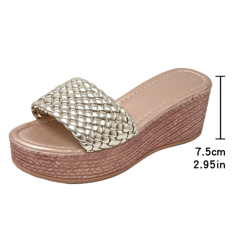2026 Gold Woven Band Wedge Heeled Sandals Women Plus Size 43 Summer Platform Slippers Woman Light Thick Sole Rome Sandalias