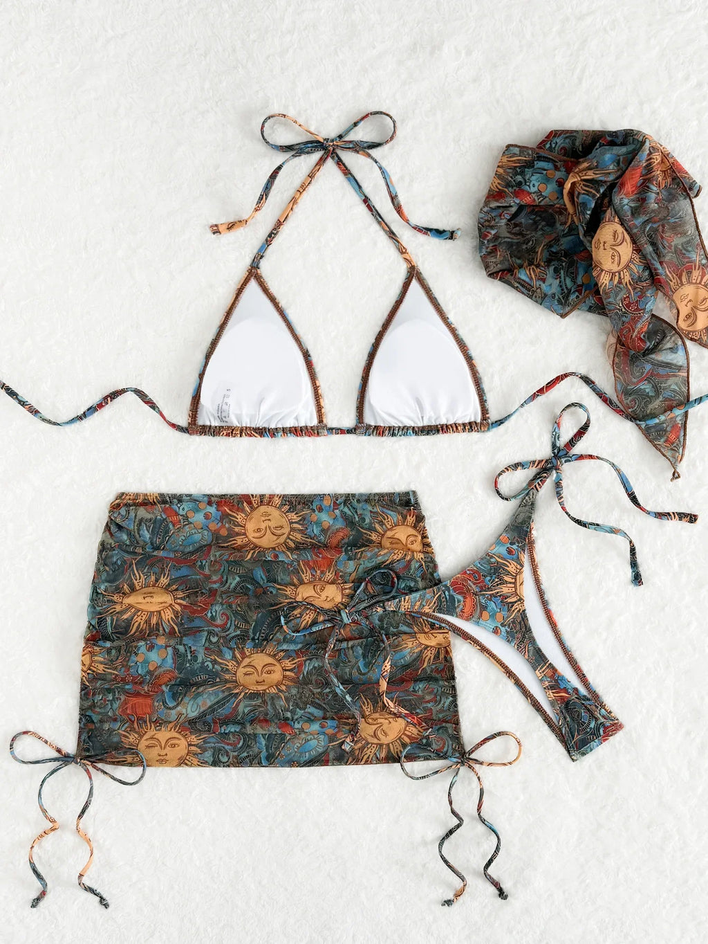 Sexy Abstract Sun Print Bikini Set 2025 Women Push Up Bra Mesh Skirt 4 Piece Swimsuit Summer Bathing Suit Holiday Swimwear
