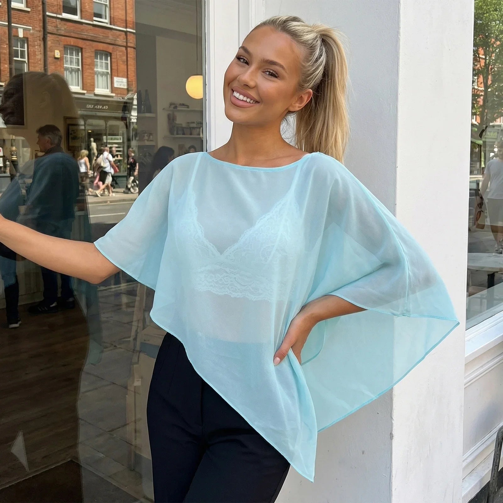 Women Loose Boat Neck Irregular Coverup Tops Casual See Through Shrug Solid Color Sheer Mesh Poncho