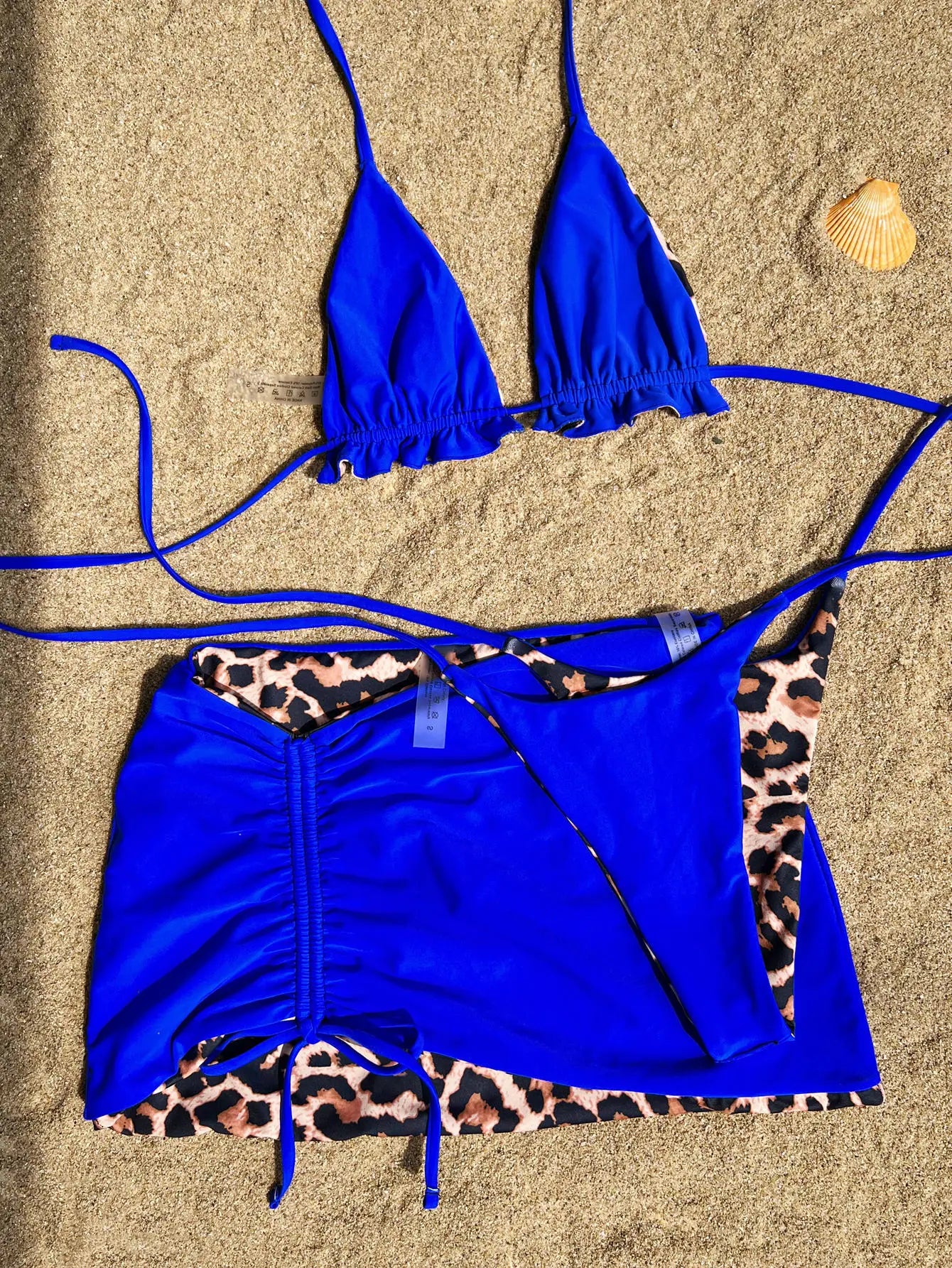 2026 Summer Leopard Print 3 Pieces Suit Swimwear Reversible Sexy Halter Lace-up Bikini Set Drawstring Skirt Cover Up Beachwear
