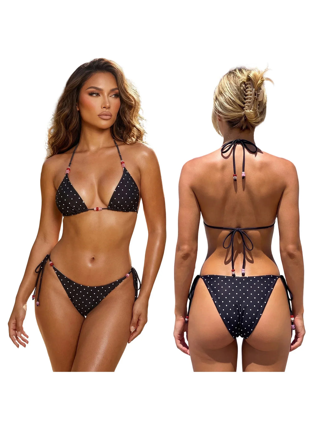 2026 Summer Women's Bikini Set Striped Dots Halter Bra with Side Tie-ups Bead Briefs 2 Piece Swimsuits Female Bathing Suits