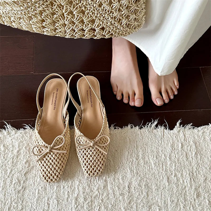 Woven Bow Back Strap Design Sandals Women's Summer New Square Head Shallow Mouth Single Shoe Comfortable Elegant Cool Pumps