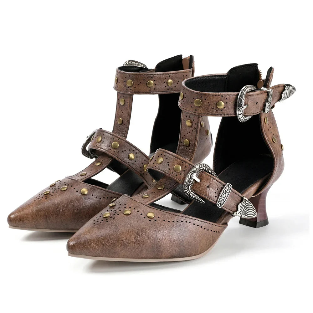 2026 Big Size 32-50 Vintage Gothic Punk Pointed Toe 6cm Kitten Heels with Western Cowboy Buckles & Studs Sandals Women Shoes