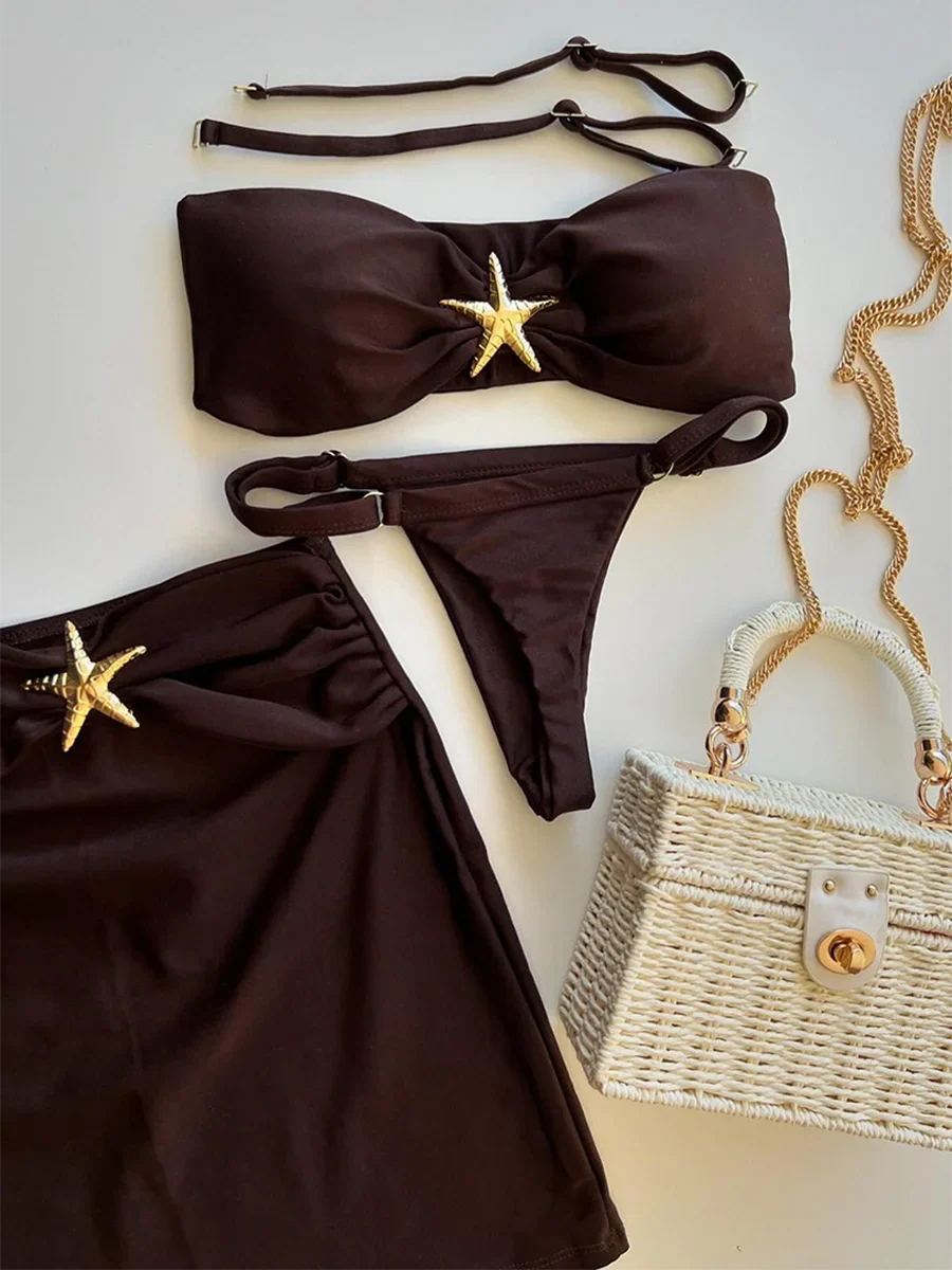 3 Pieces Starfish Thong Bikinis 2026 Solid Swimwear Female Sexy Solid Swimsuit Women & Beach Skirt Bathing Swimming Swim Suit