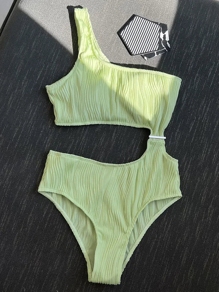 Wrinkled Asymmetric One Shoulder Female Swimwear One Piece Swimsuit Women Monokini Bather High Cut Out Bathing Suit Swim Lady