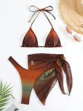 sexy tie dye print halter bikinis sets 3pcs with cover mesh skirt thong swimsuit bathing suit beach outfits biquini tankini