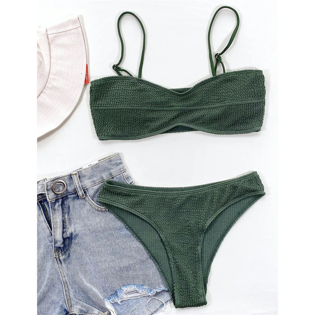 New Sexy Wrinkled Mid Waist Padded  Bikini Women Swimwear Female Swimsuit Two-Pieces Bikini Set Bather Bathing Suit Swim V3163