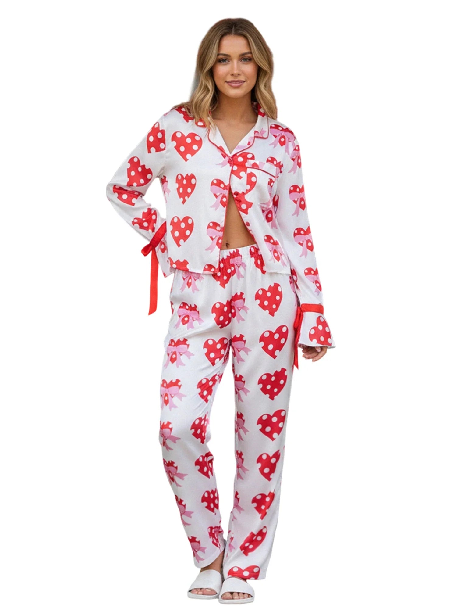 Women 2025 Heart Print Pajama Set Long Sleeve Button-up Tops and Pants 2 Piece Valentines Day Sleepwear Outfit