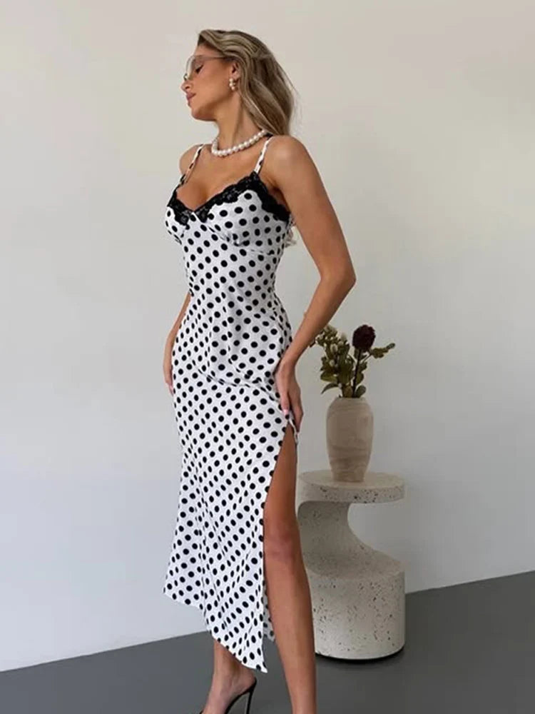 Ahagaga Fashion Women's Polka Dot Dresses Lace Patchwork Camisole Slit Slim Fit Sexy Female Casual Outfit Summer Beach Vestidos