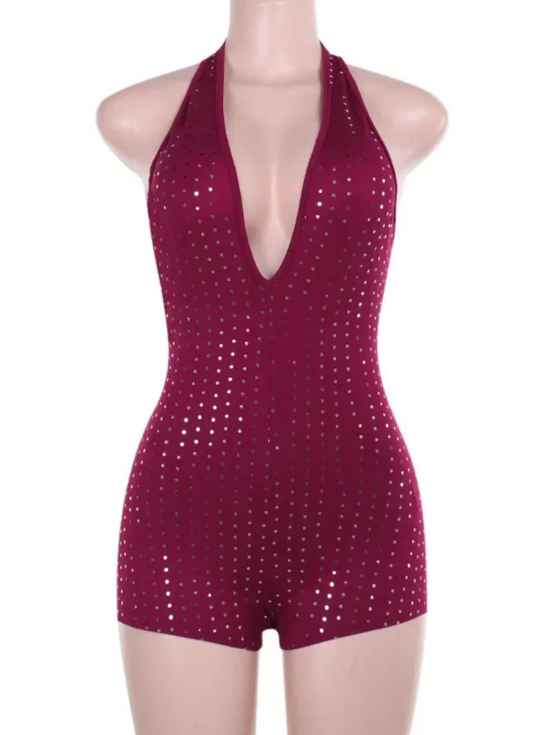 Sexy Halter Backless Rompers Short Jumpsuit Wine Red Black Deep V-neck Backless Lace-up Rhinestones Playsuit Female Bodysuit